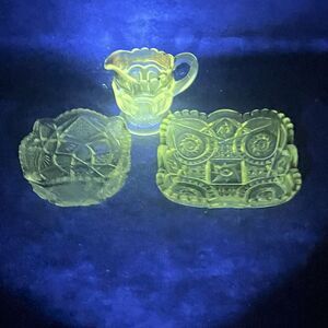 Lot 3 UV Glassware-Dishes And Creamer-Depression Glass Gold Trim-EAPG-UV